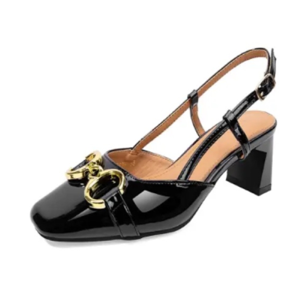 Women's Slingback Square Toe Pumps Shoes Low Chunky Heel Slip On